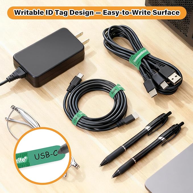 SummerBrite 70 Pack Multi-Color Cable Ties 6 Inch with Writable Labels, Reusable Cord Organizer Straps, Hook & Loop Wire Management for Identifying Electronics, Charging Cables, Home Office & PC