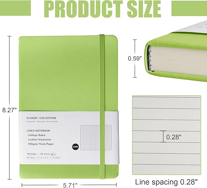 EMOMAS Lined Journal Notebook – Hardcover Notebook for Men & Women – Journals for Writing, Work, School, Home & Daily Notes, 160 Pages – Medium A5, 5.7"x8", 100 gsm Thick Paper (Grass Green)