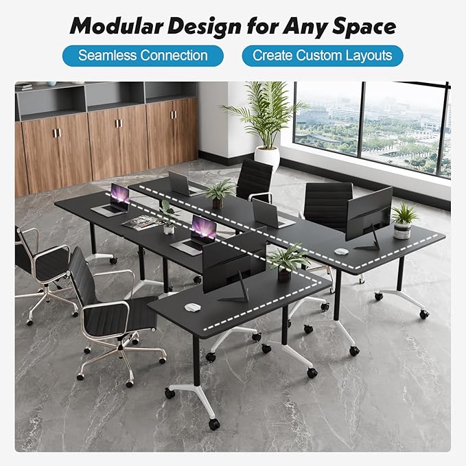 Goakwwuz Conference Room Table, Folding Conference Tables,Thicken Grey Tabletop,Flip Top Wooden Seminar Meeting Room Table for Conference Room Offices (8, Black, 70.8”)