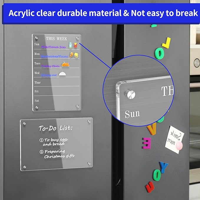 AITEE Acrylic Magnetic Weekly Meal Planner for Fridge, Clear Set of 2 Dry Erase Board Calendar and Memo for Refrigerator Reusable Week Planner, Includes 6 Dry Erase Markers With 3 Colors(8"x12"Inches)