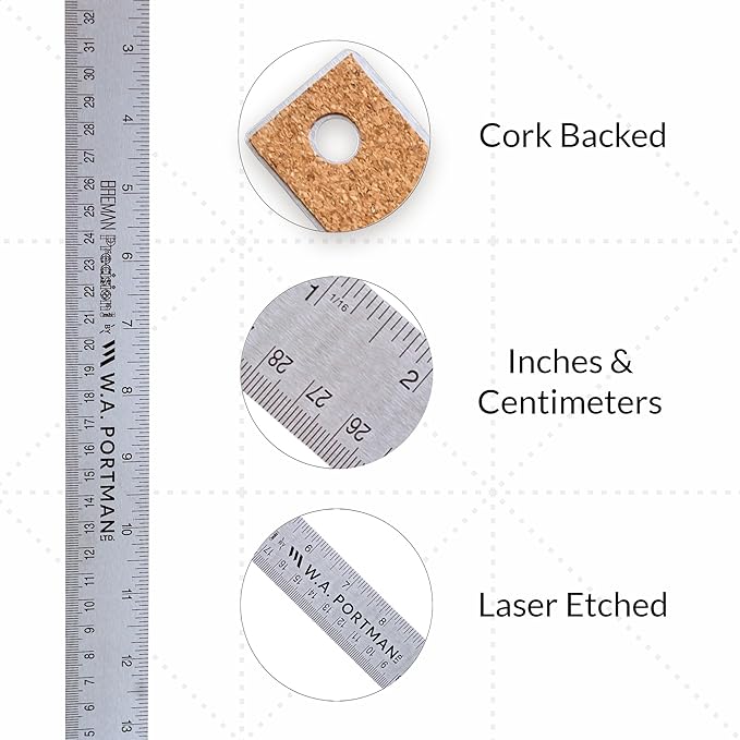 Breman Precision Metal Ruler 15 Inch Cork Back – 10 Pk Stainless Steel Straight Edge, Flexible Non-Slip Metal Ruler with Cork Backing – Imperial & Metric for Crafting, School, Workshop & Home Use