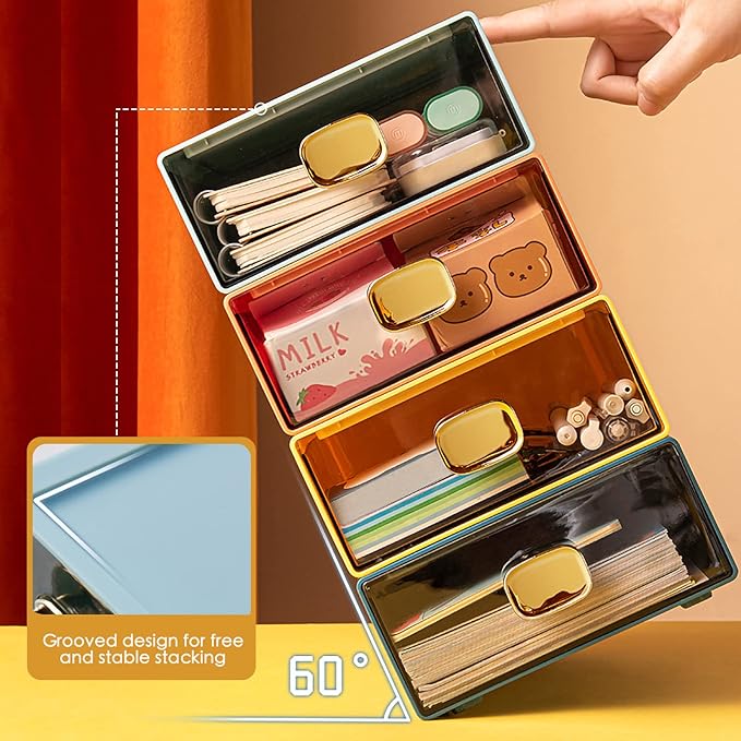 DETEIN 2PACK Stackable Storage Drawers for Desk 6.5"x9"x3" Small Storage Organizer Plastic Desk Organizer with Drawer Desktop Storage Box for Cosmetic, Pencil, Jewelry, Lipsticks (Blue,M-2 Drawer)
