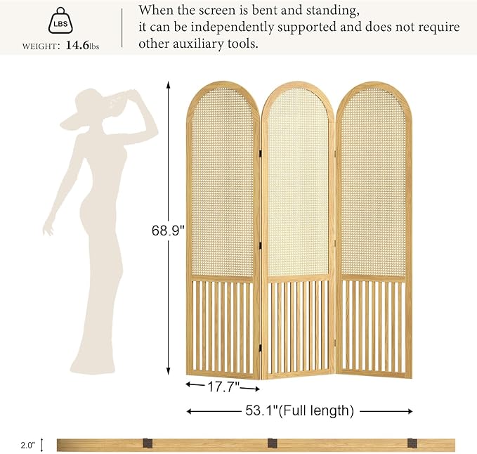 3-Panel Hand-Woven Rattan Room Divider, Tall Foldable Privacy Screen with Wooden Frame - Freestanding Portable Partition for Home Office, Bedroom, Bathroom(Natural-Pine)