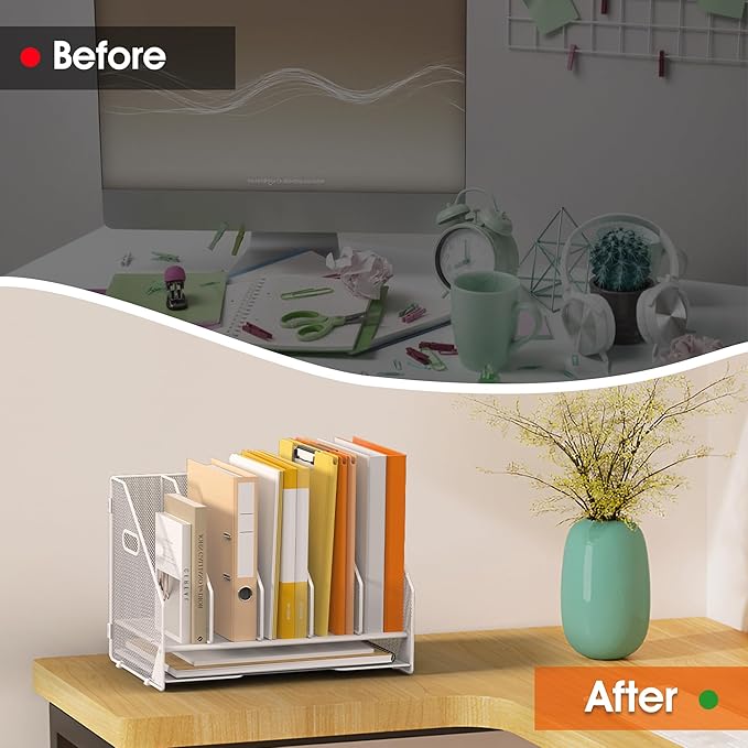 OrgMate Desk File Folder Holder Organizer-5 Vertical Compartments Racks and Paper Letter Tray,Mesh Magazine File Holder Sorter,Desktop Accessories & Workspace Organizers for Home,Office,School-White