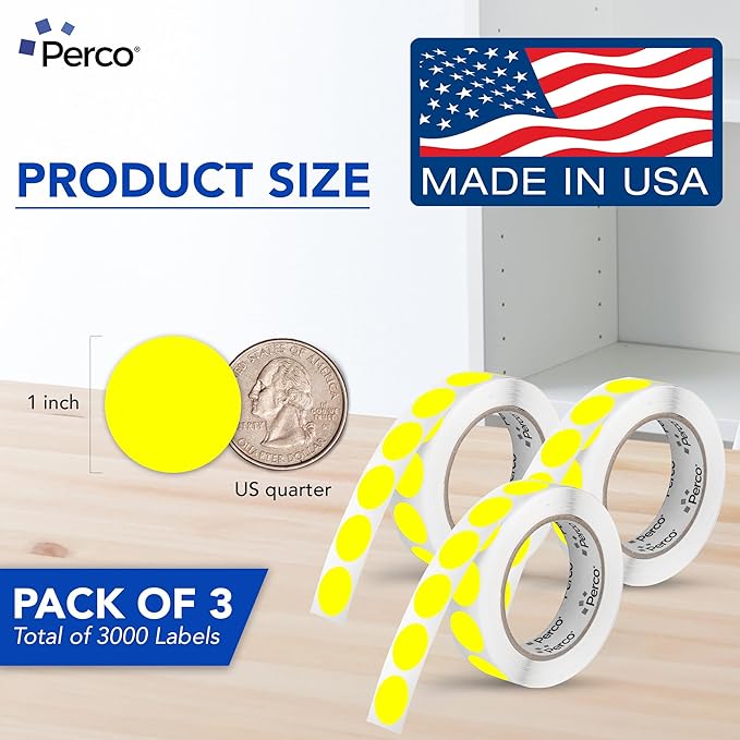 Perco Fluorescent Yellow 1-Inch Round Circle Dot Sticker Labels - Multi-Roll Pack (3 Rolls, 1,000 Labels Each) - Permanent Adhesive, Vibrant Colors, Strong Hold - Perforated for Easy Use - Made in USA