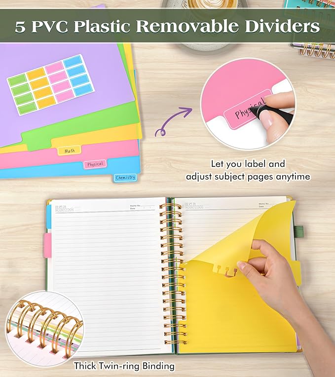 Spiral Notebook Journal with Removable Dividers Tabs, 300 Pages Hardcover Leather 5 Subject College Ruled Notebook, 6.1"x8.2" A5 Lined Journal for Women Men, Spiral Notebook for Work School,Green