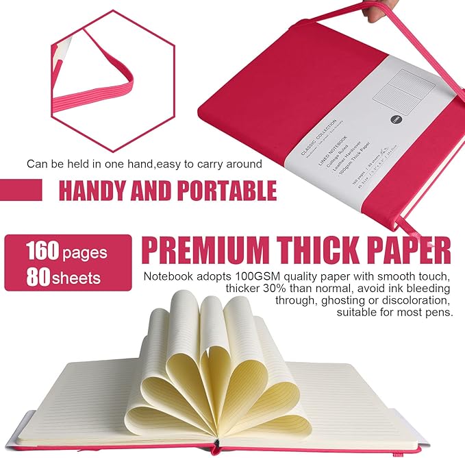 EMOMAS Lined Journal Notebook, 10Pack Hardcover Notebook for Men & Women – Journals for Writing, Work, School, Home & Daily Notes, 160 Pages – Medium A5, 5.7"x8", 100 gsm Thick Paper (Rose Red)