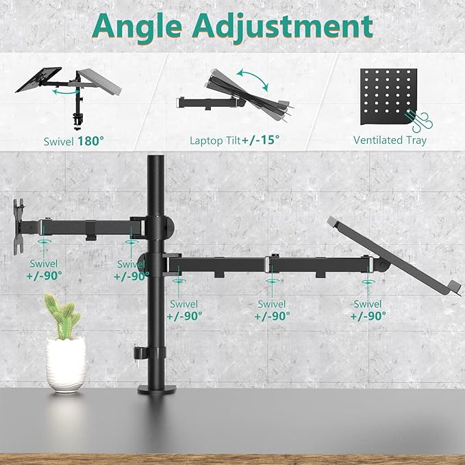 WALI Laptop and Monitor Stand, Fully Adjustable Monitor Mount and Laptop Tray for 1 Notebook up to 17 inch and 1 Screen up to 27 inch, 22 lbs, Weight Capacity (M001LP), Black