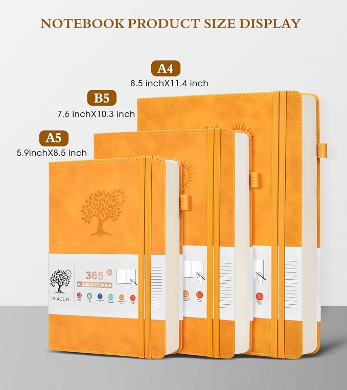 PERCUN B5 Lined Journal Notebook - 365 Page Large Leather Journals for Writing Women Men，Hardcover Notebook with 100Gsm Thick Pages，Daily Diary for Travel, Work，School，College Ruled (7.6" x 10.3")