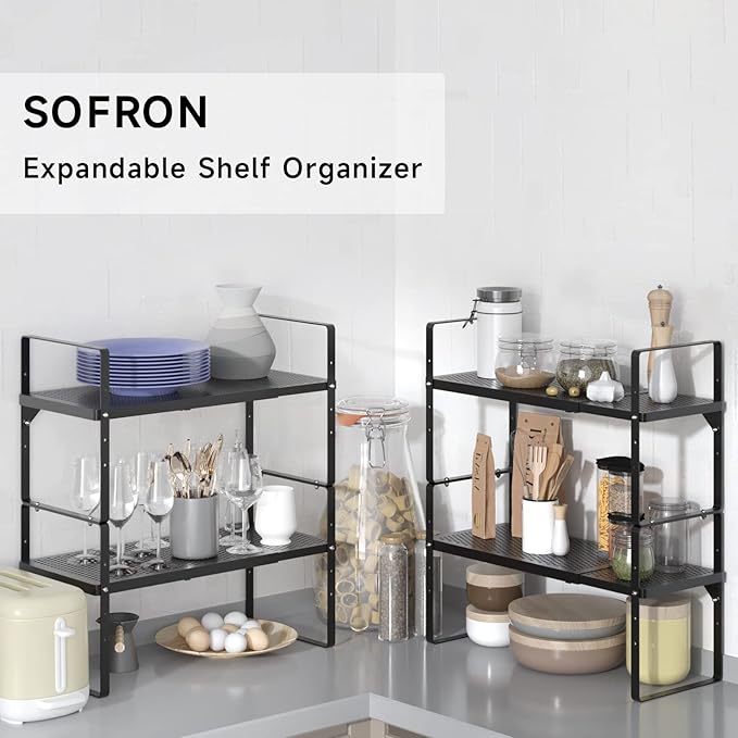 SOFRON Expandable Cabinet Storage Shelf Stackable Organizer Rack for Kitchen Bathroom Pantry Spice Cupboard Coffee Countertop Home Office Desk Heavy Duty Nonslip Black Large 2 Packs
