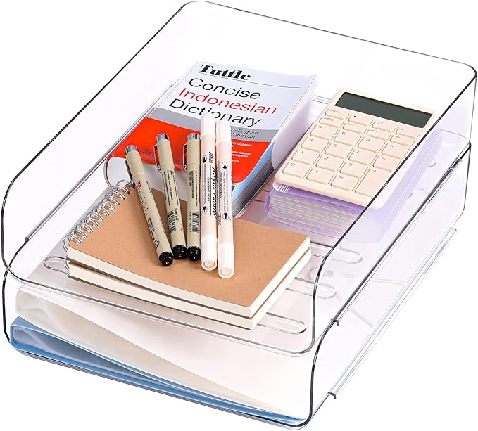 CiWiVOKi 2 Pack Stackable Paper Tray, Acrylic File Organizer for Desk, Office Organizer and Storage for Desk Accessories, Notes, Books, File Paper, Document