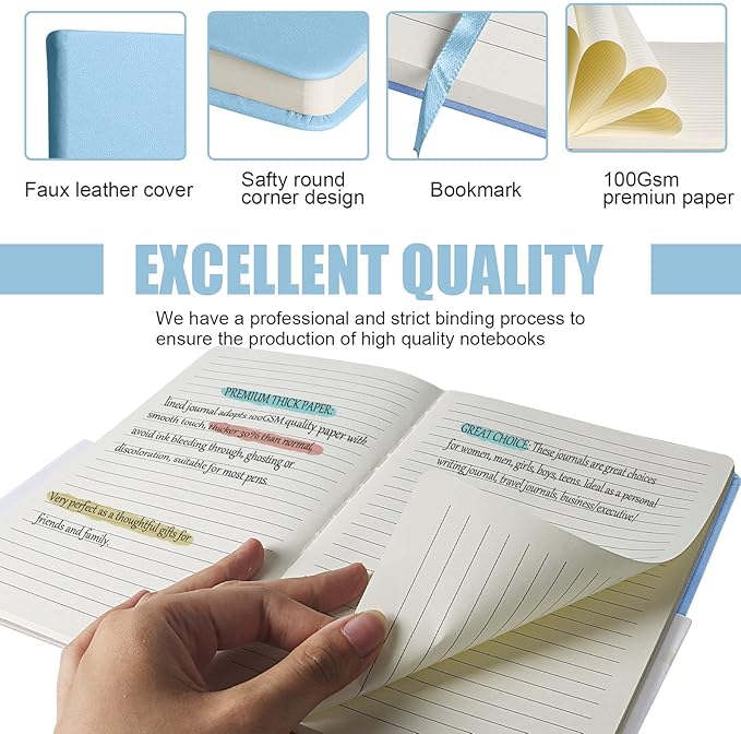 EMOMAS Lined Journal Notebook, 10Pack Hardcover Notebook for Men & Women – Journals for Writing, Work, School, Home & Daily Notes, 160 Pages – Medium A5, 5.7"x8", 100 gsm Thick Paper (Sky Blue)