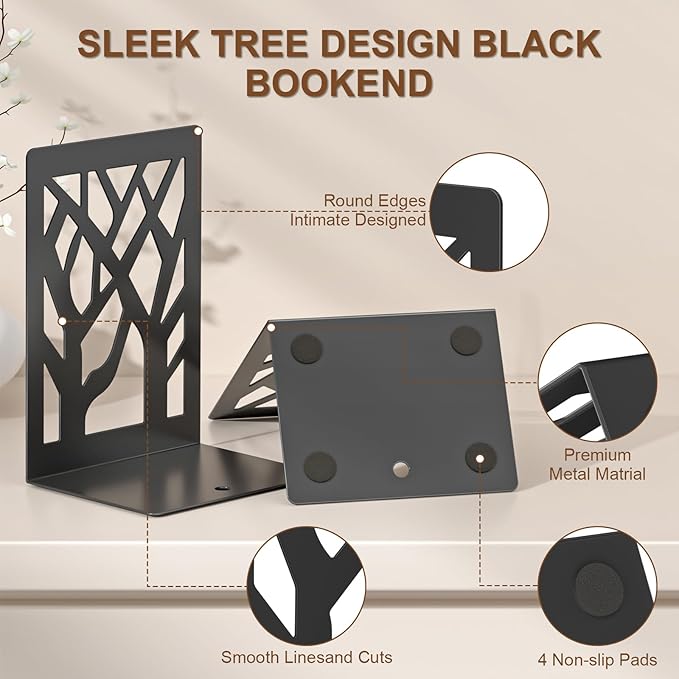 VFINE 8-Piece Metal Bookends for Shelves, Black Tree Book Ends for Books, Decorative Desk Book Organizer, Non-Skid Shelve Bookends for Home Office Shcool Supplies