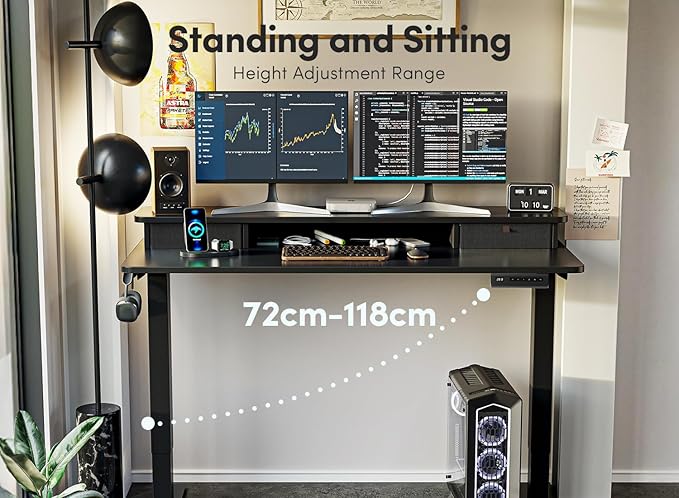 FEZIBO 40 x 24 Inch Height Adjustable Electric Standing Desk with Double Drawer, Computer Desk, Home Office Stand Up Table with 4 Height-Adjustable Feets & 2 Hooks, Black