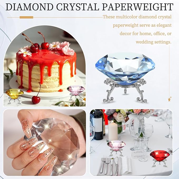 PATIKIL Diamond Crystal Paperweight, 100mm / 3.94" Crystal Paperweight Paper Weight with Silver 25 Metal Base for Home Office Desktop Table Decor Wedding Party Ornaments, Light Blue