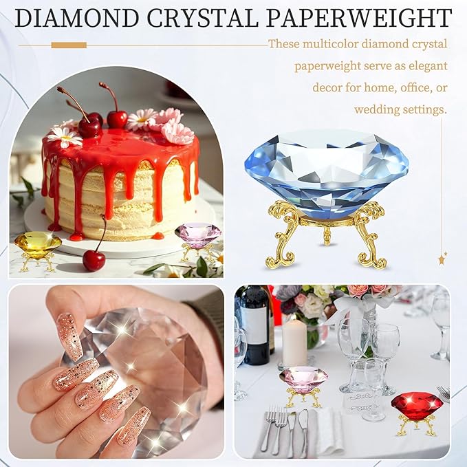 PATIKIL Diamond Crystal Paperweight, 100mm / 3.94" Crystal Paperweight Paper Weight with Gold 25 Metal Base for Home Office Desktop Table Decor Wedding Party Ornaments, Light Blue