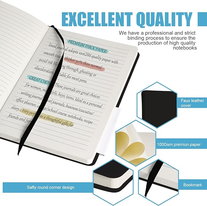 EMOMAS Lined Journal Notebook – Hardcover Notebook for Men & Women – Journals for Writing, Work, School, Home & Daily Notes, 160 Pages – Medium A5, 5.7"x8", 100 gsm Thick Paper (Black)