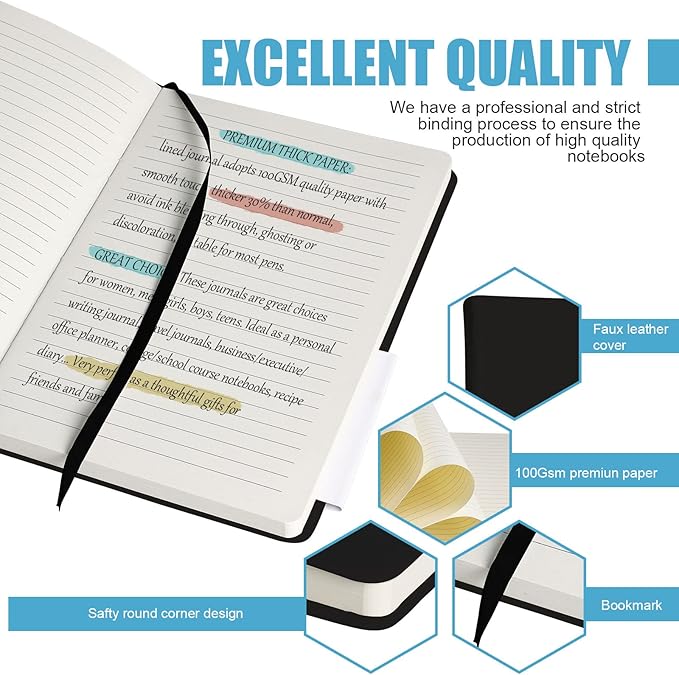 EMOMAS Lined Journal Notebook, 10Pack Hardcover Notebook for Men & Women – Journals for Writing, Work, School, Home & Daily Notes, 160 Pages – Medium A5, 5.7"x8", 100 gsm Thick Paper (Black)