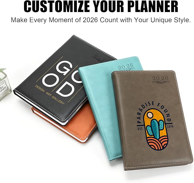 Custom Personalized 2026 A5 Planner - Customizable with Logo/Photo/Text | Soft PU Leather Cover, Monthly/Daily/Academic Weekly Pages & Calendar for School, Black