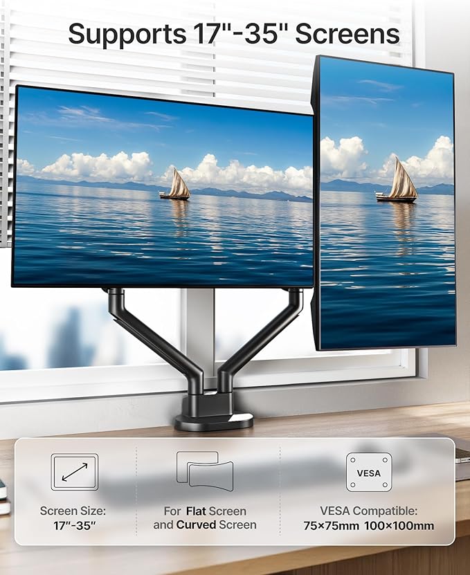 monTEK Dual Monitor Stand up to 35 inches Screen, Monitor Mount for 2 Monitors, Full Motion Adjustable Monitor Arm, VESA Mount with C-Clamp/Grommet Base, Holds 24.25lbs per Arm, MA1010BK-D