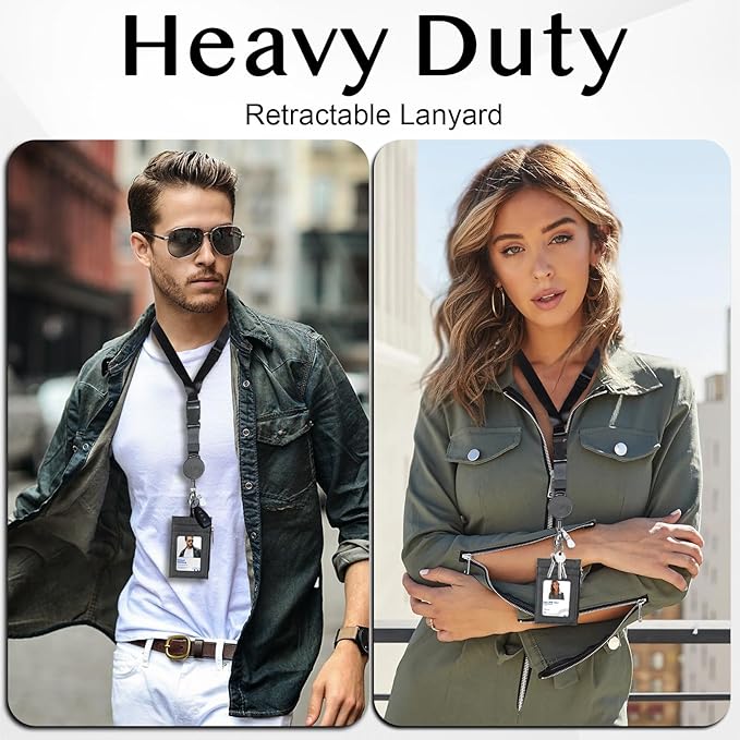 DELSWIN Badge Holder with Retractable Lanyard, PU Leather ID Badge Card Holder with 1 ID Window, 4 Card Slots, 1 Side Zipper Pocket, and Adjustable Neck Strap