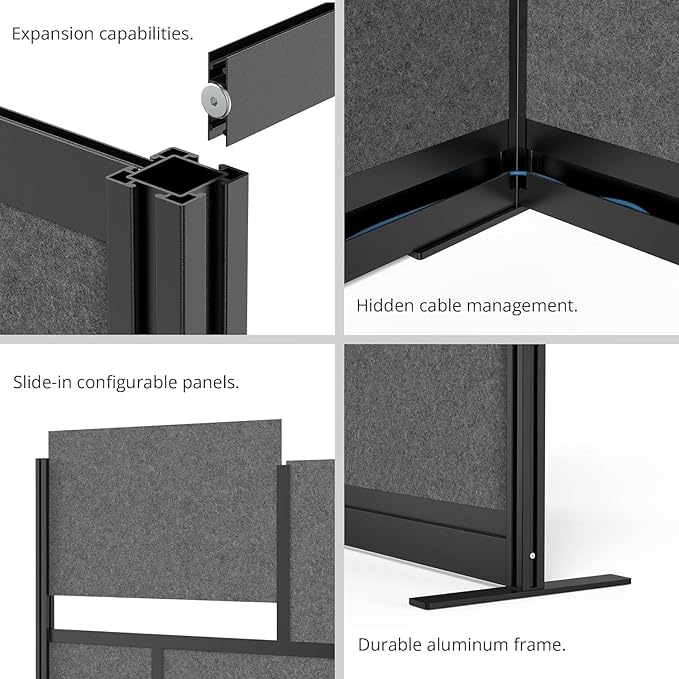 Stand Up Desk Store Expanse Modular Wall | 70'' x 48'' Wall | Expandable Partition Room Divider with Rearrangeable Frosted Acrylic & Sound Absorbent Panels (Black Frame)