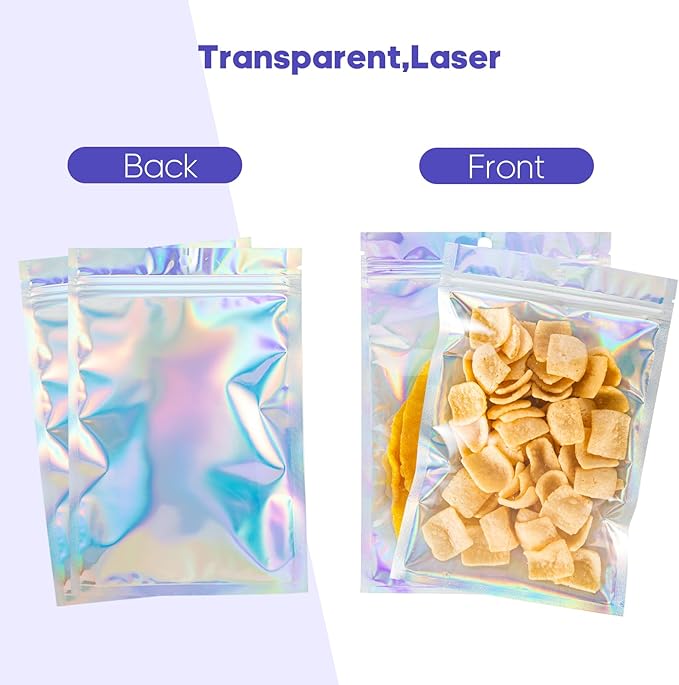 100Pcs Holographic Resealable Bags, 4x6 inch Packaging Foil Pouch ，Motomy Mylar Food Storage Bag Great for Small Business and Party Favor……