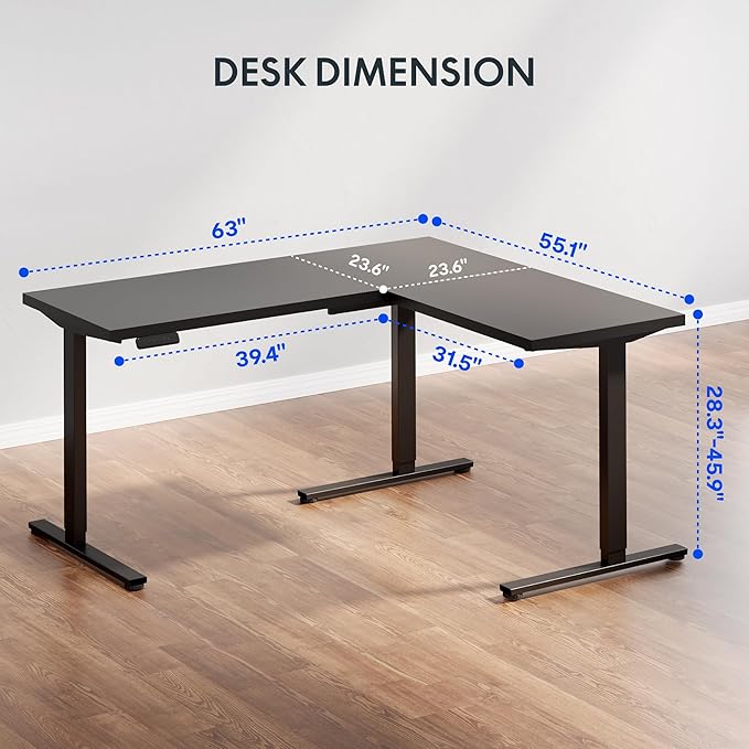 FLEXISPOT L Shaped Standing Desk, 63 x 55 Inch Electric Height Adjustable Corner Desk, Sit Stand Computer Workstation, Preset Controller, Home Office, Black Frame with Black Top, Black Drawer