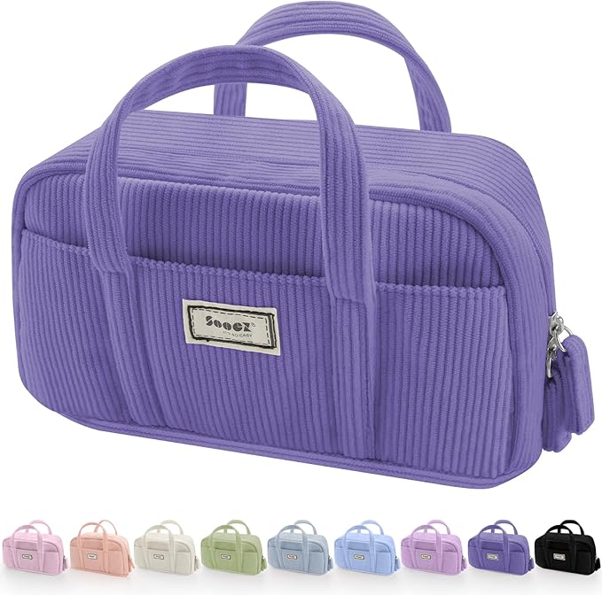 Sooez Large Pencil Case Pouch, Extra Big Pencil Bag with 5 Compartments, Pen Bag Wide Opening, Soft Corduroy Pencil Pouch Organizer with Zipper, Cute Aesthetic School Supplies for Teen Girls-Purple