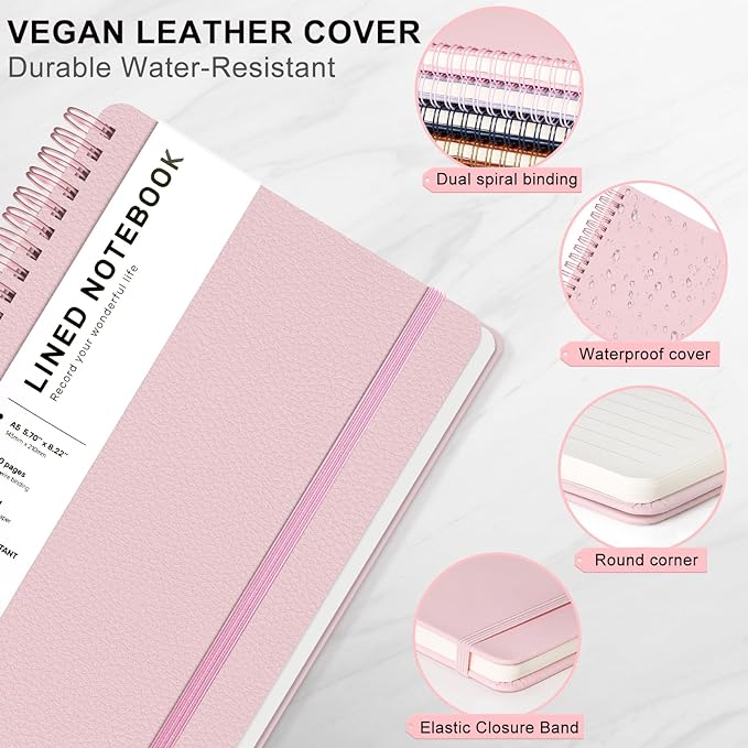 ABERLLS Pink Lined Spiral Journal Notebook with 160 Pages, 8×5.7in, A5 Spiral Notebook, Journaling Notebooks for Work, School, Women, Men, College Ruled Spiral Notebook, Hardcover Leather Journals