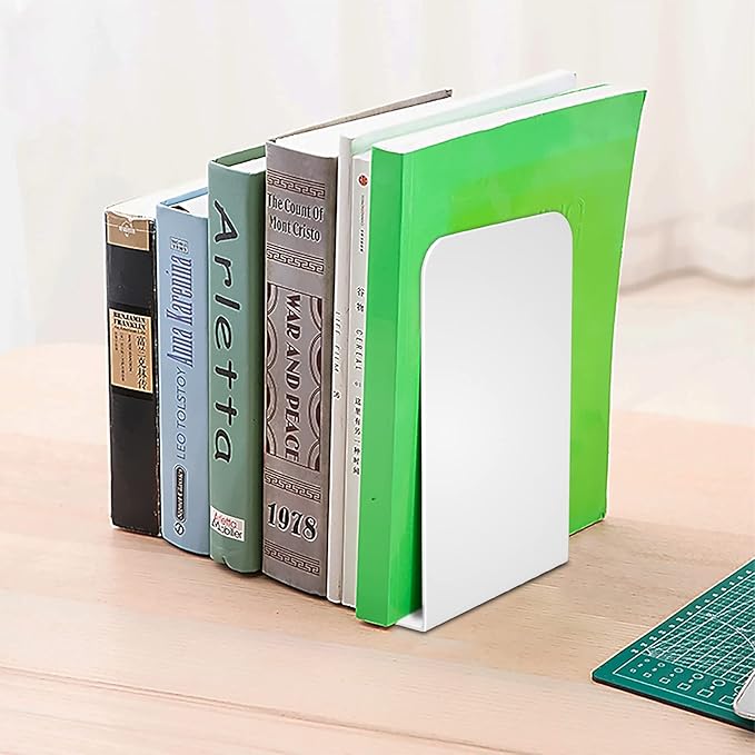 VFINE Bookends 4 Pairs, White Metal Book Ends, Bookends for Shelves, Book Stopper for Heavy Books, Book Dividers for Home Office