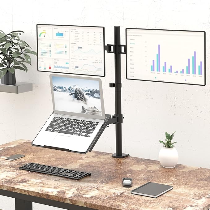 WALI Dual Monitor Stand, Laptop and Monitor Stand for 2 Screen 1 Laptop Notebook, Extra Tall Desk Mount for Monitor up to 27 inch, Notebook up to 17 inch (M002XLLP), Black