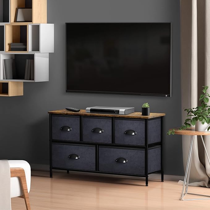 Sorbus Dresser with 5 Drawers - Storage Chest Organizer Unit with Steel Frame, Wood Top, Easy Pull Fabric Bins - Long Wide TV Stand for Bedroom Furniture, Hallway, Closet & Office Organization