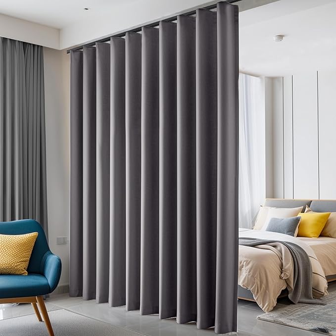 hoeflife Room Divider Curtains Blackout Floor to Ceiling Curtain with Hook Wall Mount Sliding Door Curtains Ceiling Mount Extra Wide Curtain Wall Divider for Room Separation (Grey, W120 x H96 Inch)
