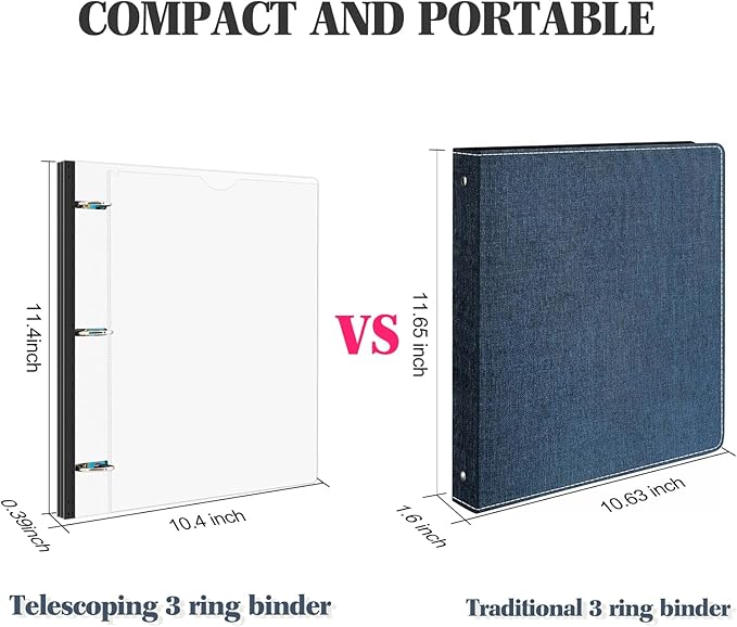 INFUN 1 Inch Telescoping 3 Ring Binder - 4PCS-White, Flexible Binders with Customizable Front Cover and Clear Catalog Pocket, 1Inch Rings, 225 Sheet Capacity