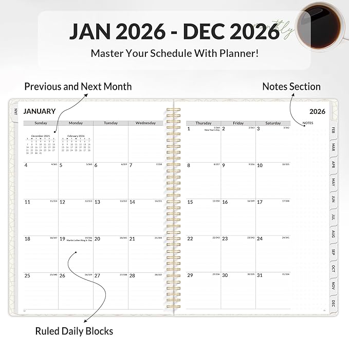 SUNEE 2026 Planner, Weekly and Monthly Calendar Planner, January 2026-December 2026, Daily Agenda with Tabs, Note Pages, Spiral Binding, 8.5"x11", Sage Green
