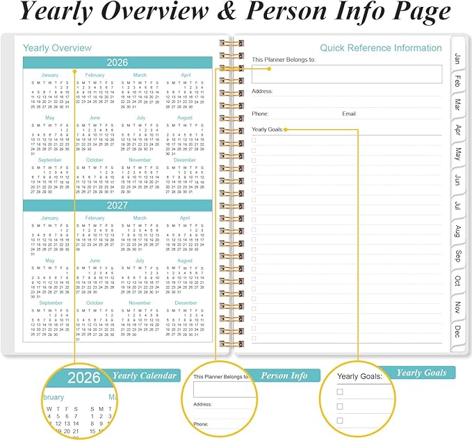 Planner 2026 - A5 Weekly & Monthly Planner Spiral Bound, January 2026 to December 2026, Planners 2026 with Flexible Cover, Tabs, Inner Pocket, 6.4" x 8.5", Teal Flowers