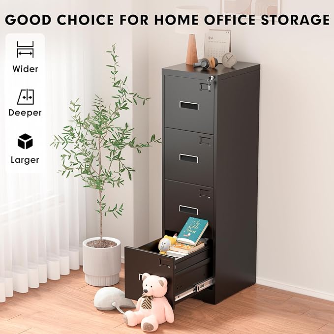 INTERGREAT 4 Drawer Vertical File Cabinet, Black Metal Filing Cabinet with Lock, Tall Lockable Cabinets with 4 Adjustable Hanging Frame for Home Office, Letter/Legal/F4/A4 Size