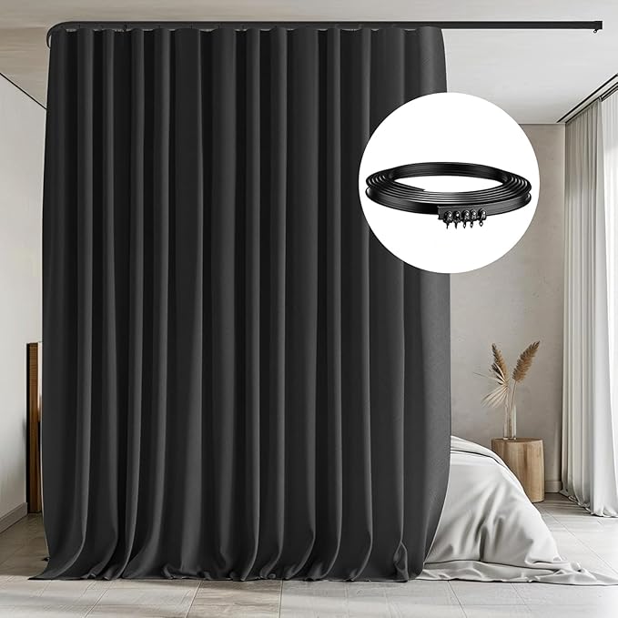 MaKefeile Room Divider Curtains with Flexible Ceiling Tracks Set,Blackout Curtain Ceiling Mount Curtain Track Privacy Room Dividers Ceiling Track Curtain Rod(Black Drape & Black Rail W 12.5 × H 9 FT)