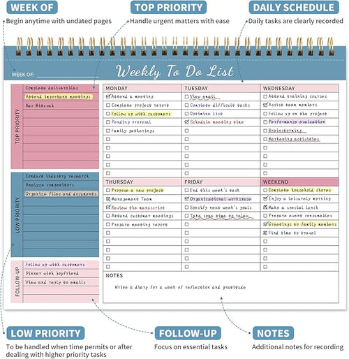 104 Pgs Weekly To Do List Notepad, 52 Duplex-Printed Undated Sheets 100 GSM（8.5"×11") Weekly Desk Planner For Work Home School Office Desk Accessories Supplies & Goal Setting Tasks - Blue