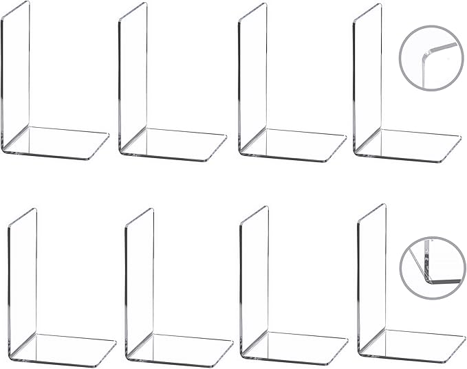 CY craft 8 Pieces/4 Pairs Bookends,Clear Acrylic Bookends for Shelves,Heavy Duty Book Ends and Desktop Organizer,Book Stopper for Books/Movies/CDs,7.3x4.8x4.8 inch