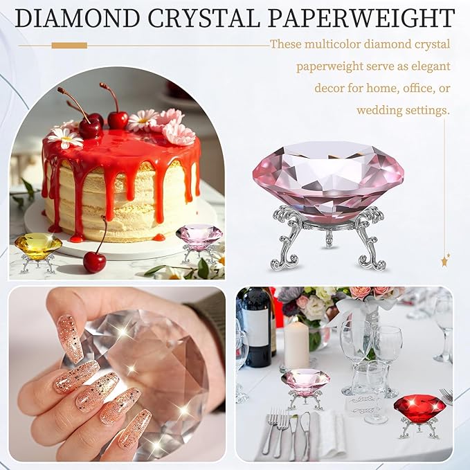 PATIKIL Diamond Crystal Paperweight, 100mm / 3.94" Crystal Paperweight Paper Weight with Silver 25 Metal Base for Home Office Desktop Table Decor Wedding Party Ornaments, Pink