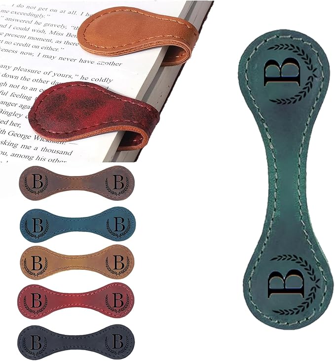 Personalized Magnetic Leather Bookmark, 26 Letters Custom Leather Bookmarks, Handmade, Leather Magnetic Bookmark for Book Lovers Readers Women Kid(Green，B）