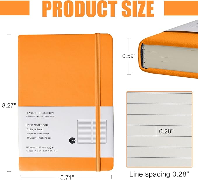 EMOMAS Lined Journal Notebook, 6Pack Hardcover Notebook for Men & Women – Journals for Writing, Work, School, Home & Daily Notes, 160 Pages – Medium A5, 5.7"x8", 100 gsm Thick Paper (Orange)