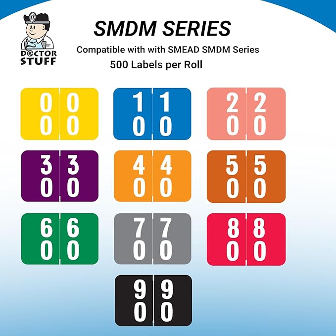 Doctor Stuff - File Folder Labels, Terminal Digit Filing, Consecutive Double Digit Numbers 60-69, Compatible with SMEAD DDS - SMDM Series Chart Stickers, Green, 1" x 1-1/2", 500/Roll