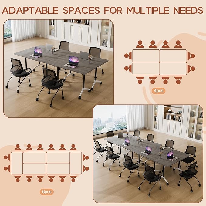 Folding Conference Table 4ft 5ft, Foldable Office Meeting Desk for 6 People, Multiple Sizes Colors Mobile Conference Room Table for Training Room School Business Furniture (4, Grey, 55in)