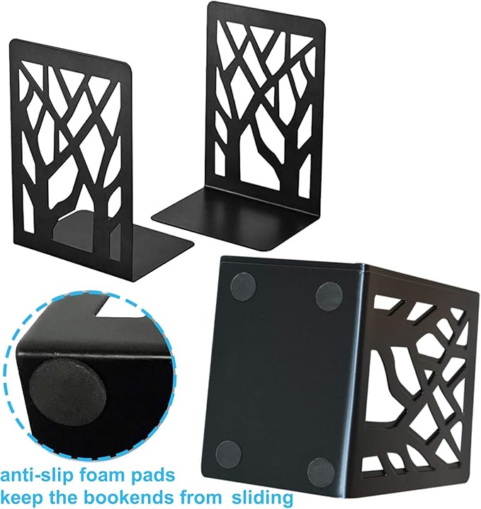 MSDADA Bookends, 6 Pairs Black Metal Book Stoppers for Heavy Books, Office, Home Decor