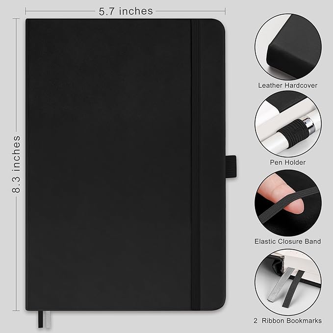 RETTACY Bullet Dotted Journal Notebook, 256 Pages, A5 Medium Size (5.7'' × 8.3''), Leather Hardcover, 120 GSM Thick Paper, for Bullet Journaling, Planning, Tracking (Black)