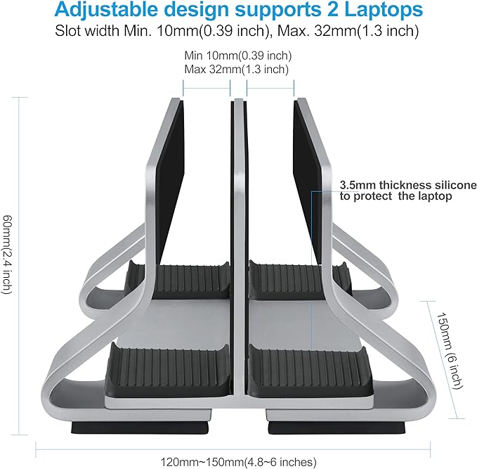 Psitek Aluminum Dual Vertical Laptop Stand Dock Holder, Supports 2 Devices, Adjustable Slot Width 15-36mm, Space-Saving Upright Storage for MacBook and Laptops