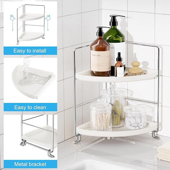 FSyueyun 2-Tier Corner Bathroom Counter Organizer, Tool-Less Installation Vanity Shelf Small Plastics Countertop Makeup Tray Skincare Perfume Organizers (Silver)
